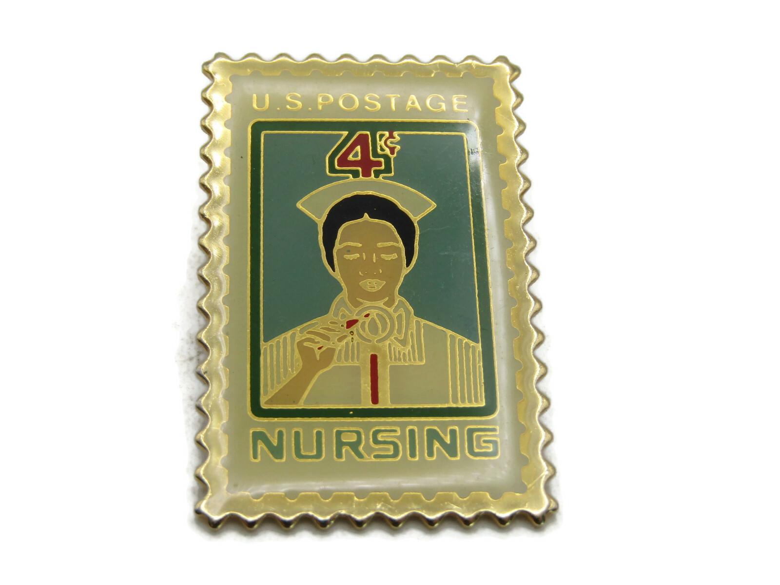 Vintage Nursing Lapel Pin US Postage 4c Stamp 1961 Black Nurse Gold Tone Enamel