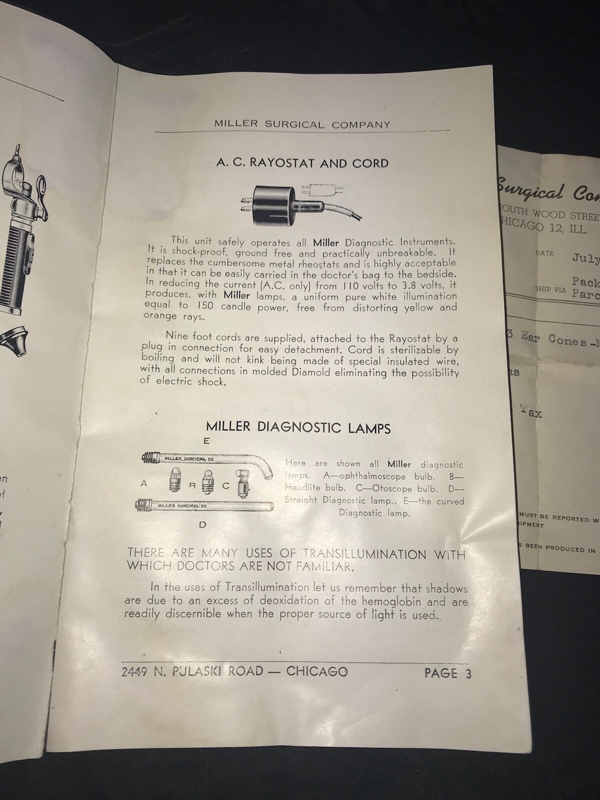 Antique Miller Portable Diagnostic Set w/Manual & Original Receipt Ca. 1945