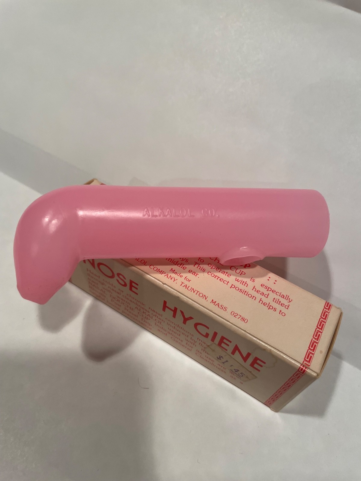 Vintage Alkalol Nasal Douche Cup with Box Pink Plastic Nose Hygiene Taunton MA