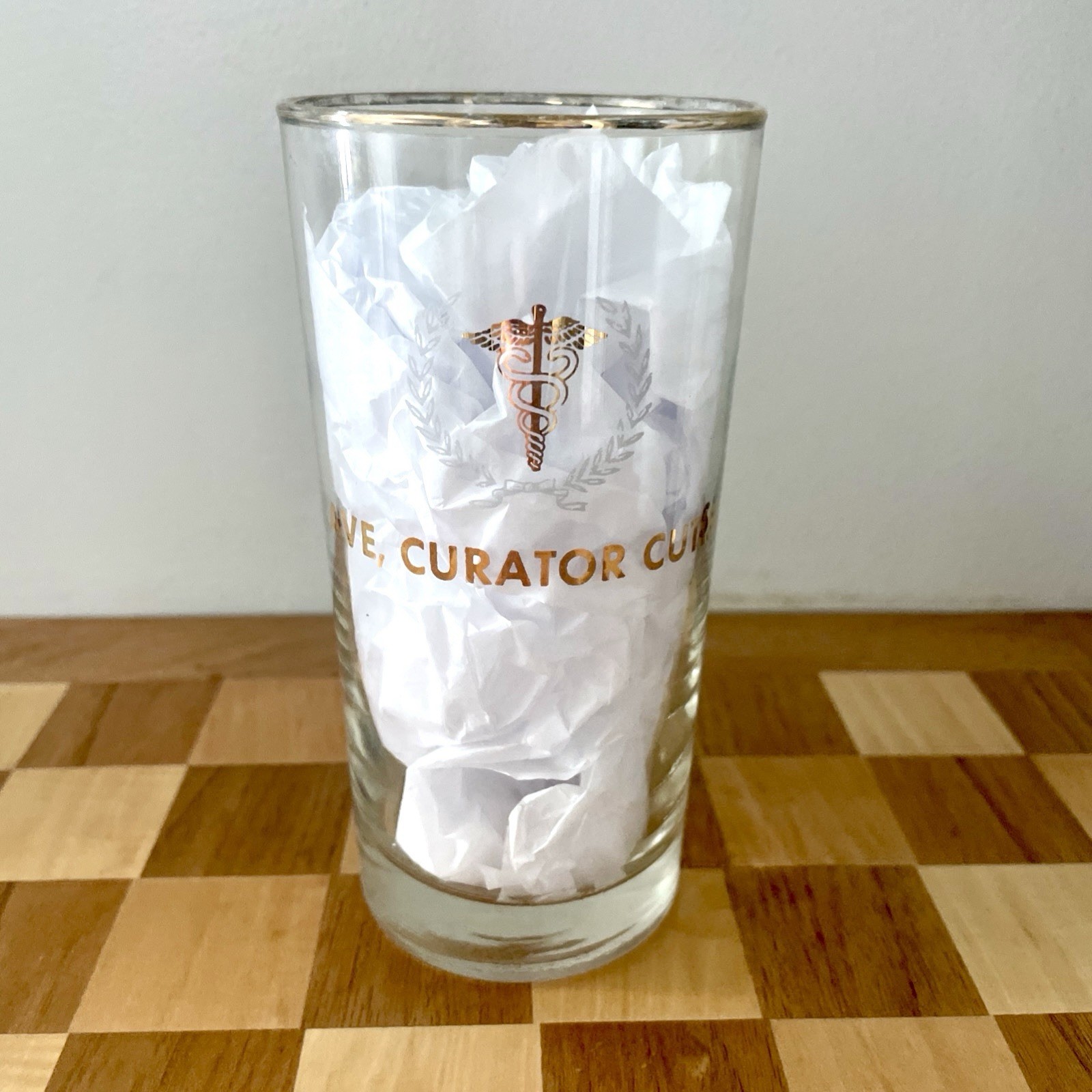 Vintage Medical Ave Curator Cutis! Drinking Glass With Gold Trim 5.5”