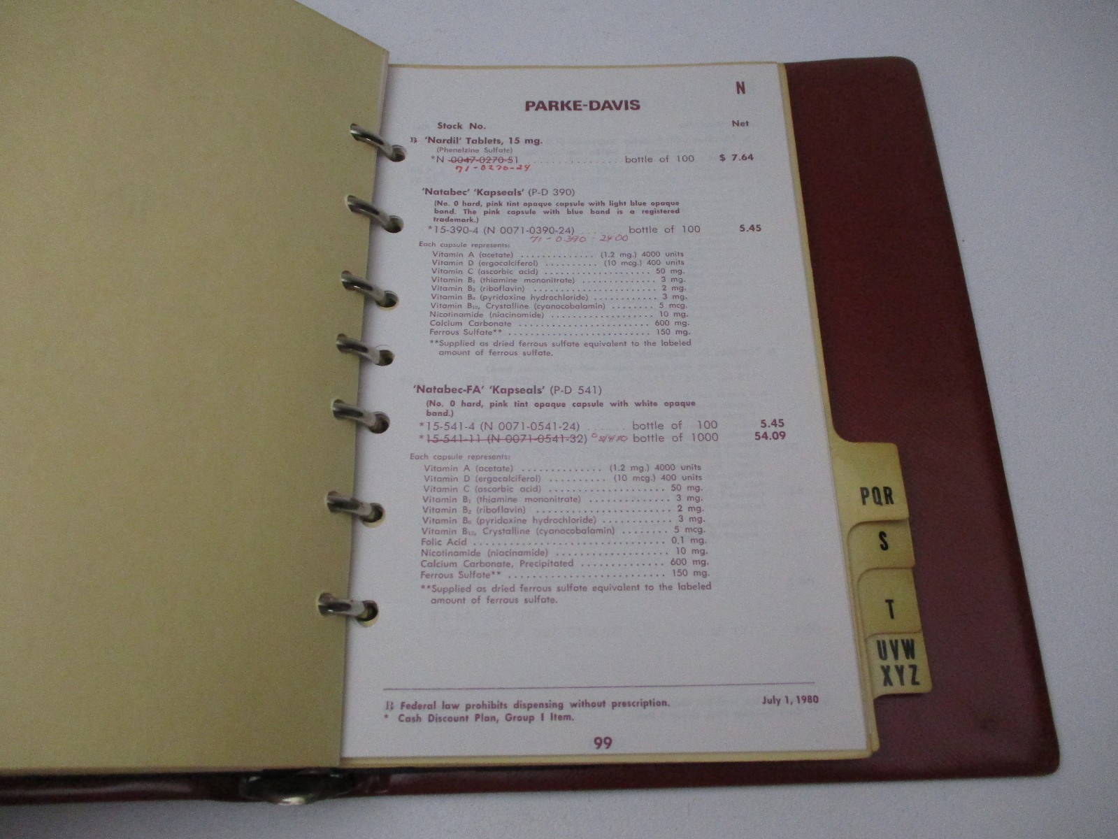Vintage 1987 Parke Davis Price List Book Binder Pharmacy Chemist Drugs