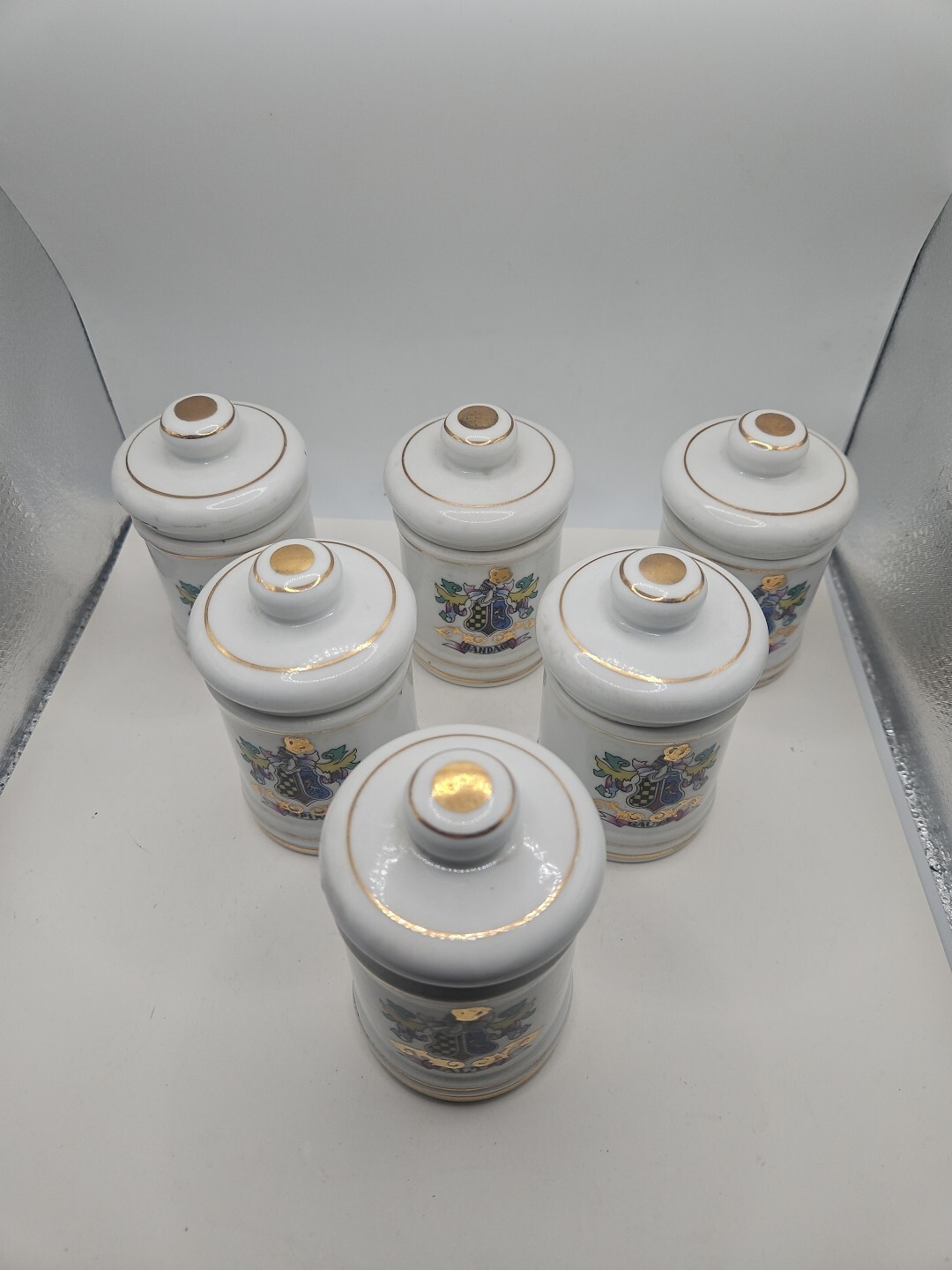 Vintage Apothecary Jars 6 Pharmacy Bottles Gold Trim Crest Hand Painted Japan