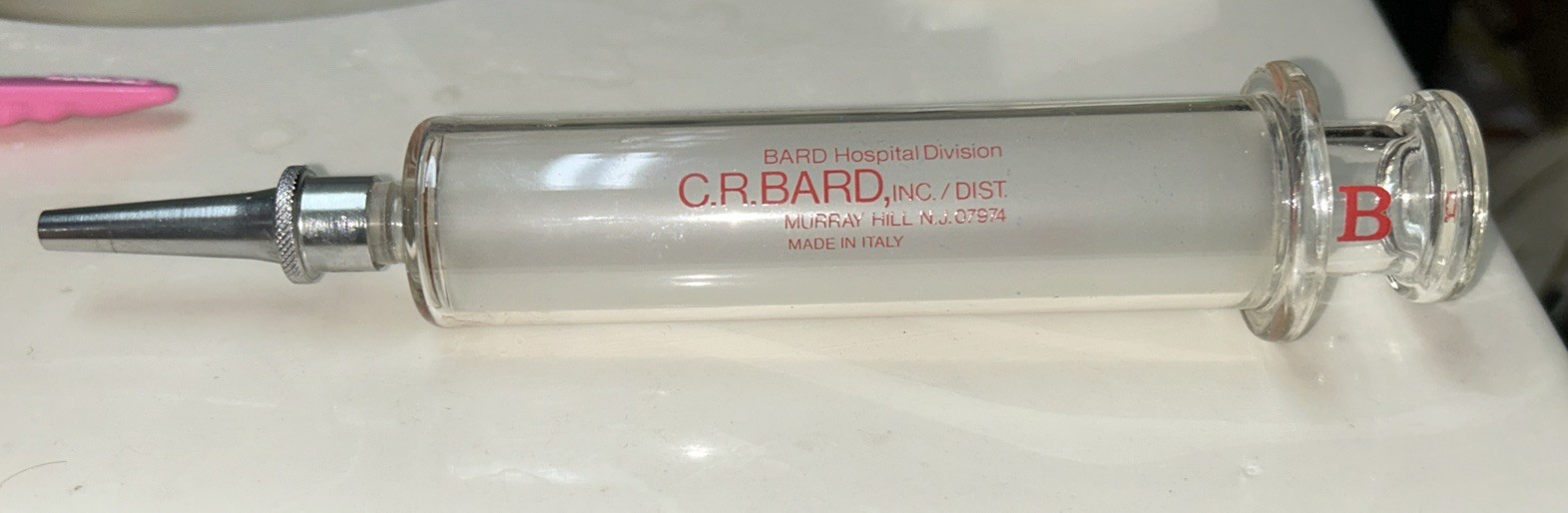 VINTAGE 50cc C. R. BARD REUSEABLE GLASS SYRINGE METAL LUER LOCKTIP MADE IN ITALY