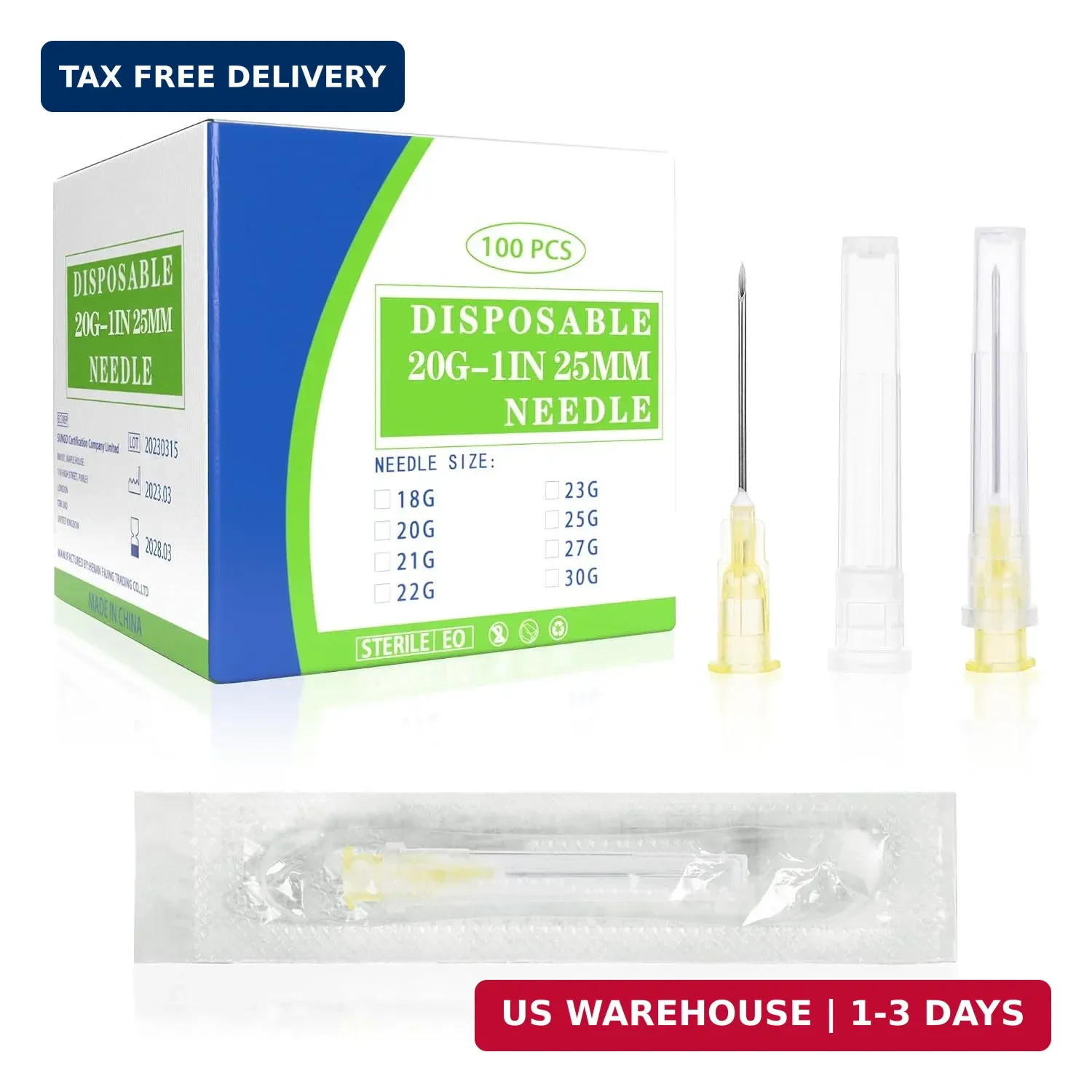 100 Pack 20 Gauge 1 Inch Needle, Sterile Luer Lock Needle for Scientific Lab and