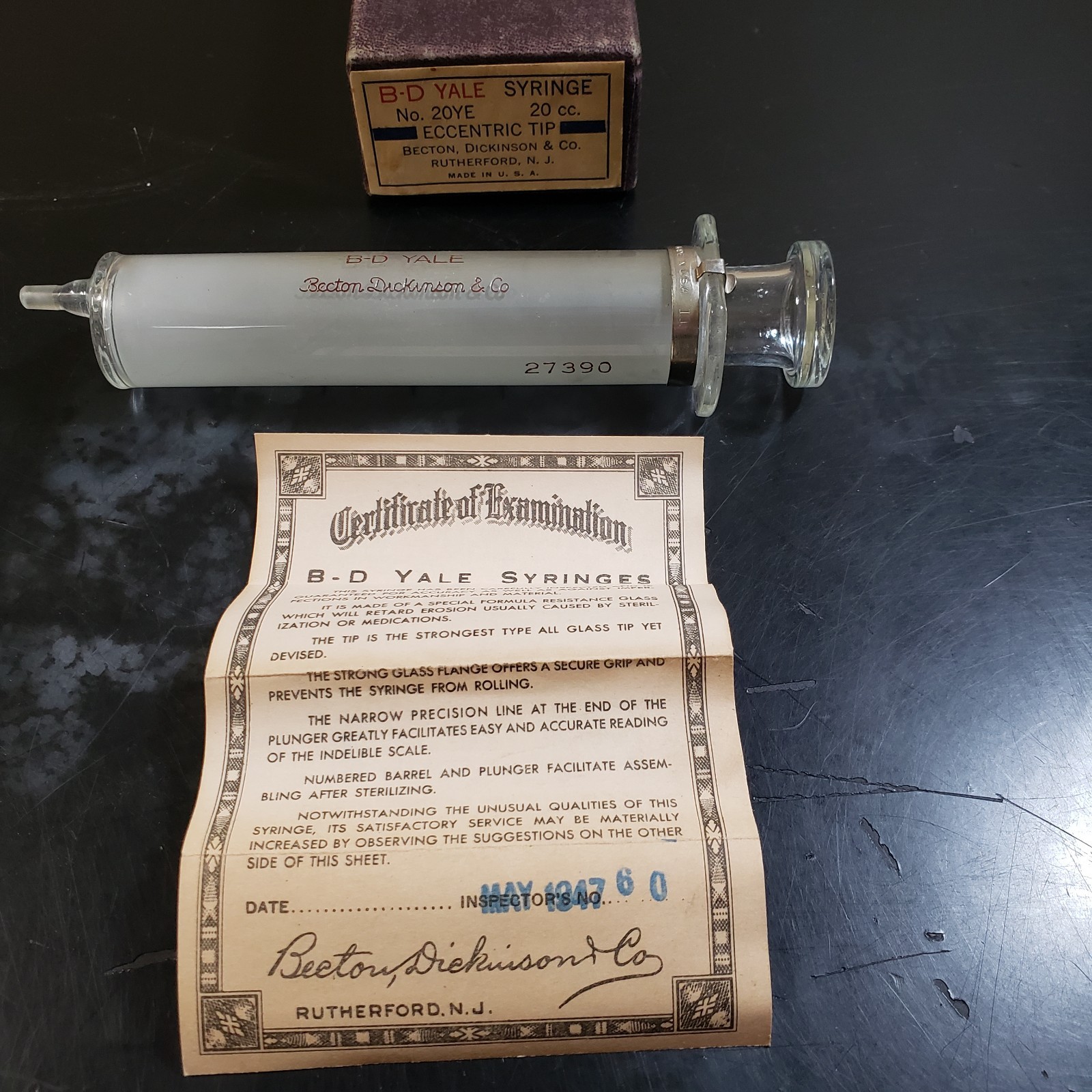 Vintage 1947 B-D Yale 20cc Glass Syringe Box Certificate + Coors Spatula Lot USA