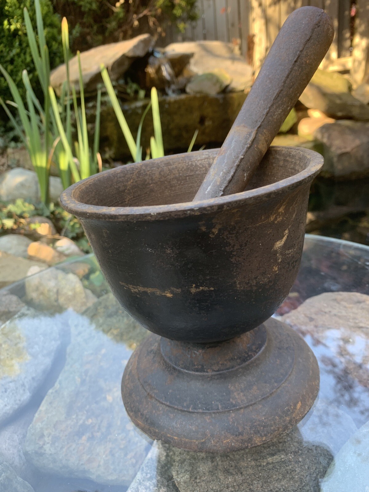 Rare Antique Primitive 19th Century Apothecary Cast Iron Mortar and Pestle Rx