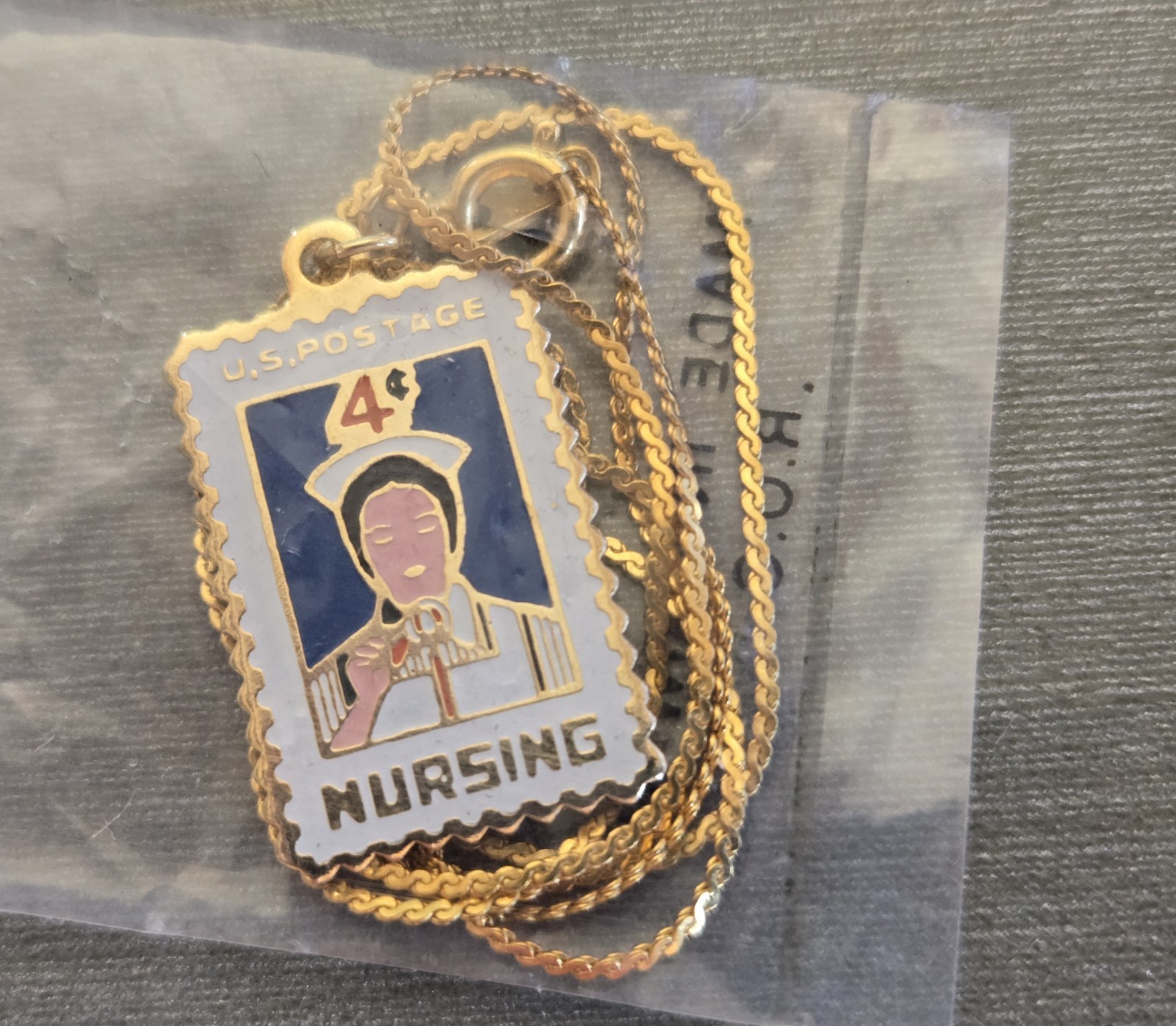 Vintage U.S. 4 cent Postage Stamp Nurse/Nursing Necklace First Issue 12-28-1961