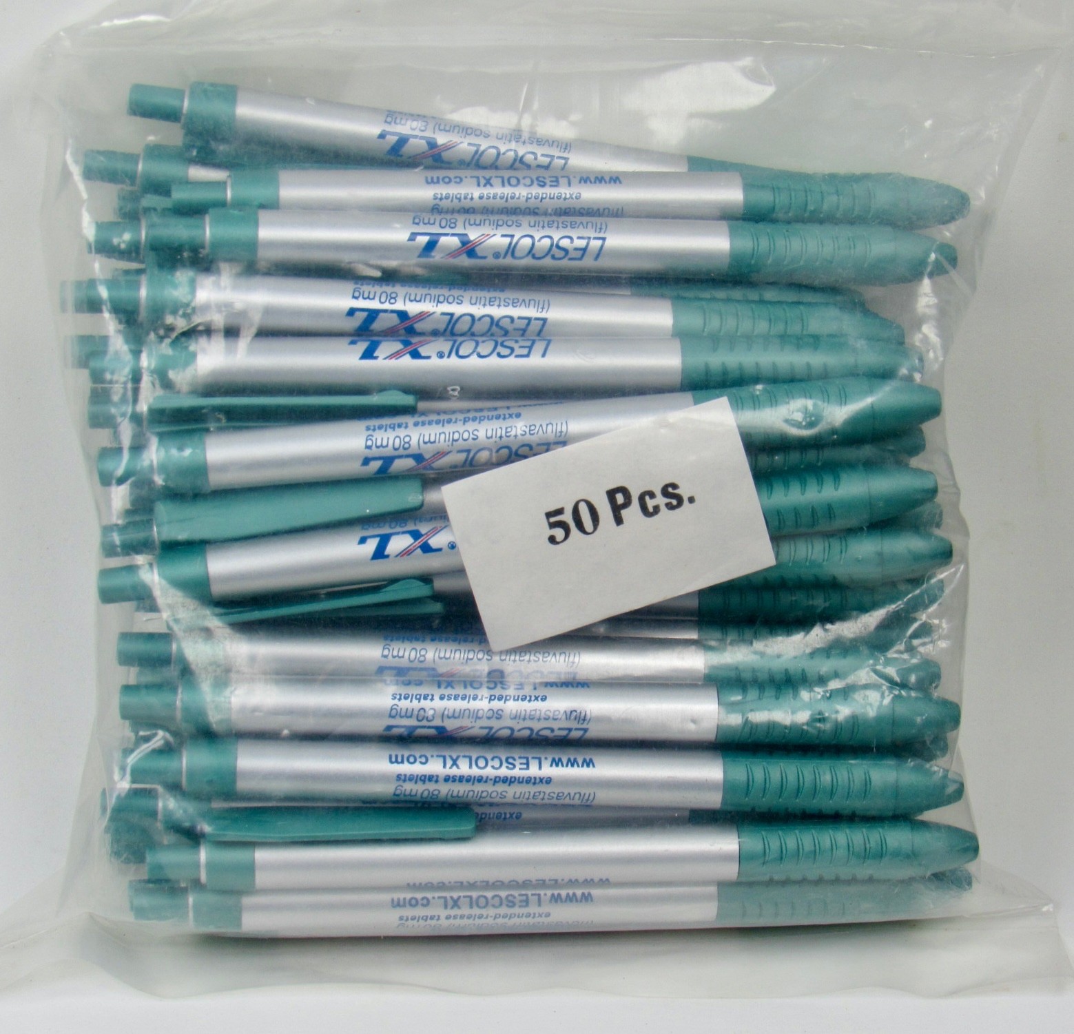 Lot of 50 Silver & Green Lescol XL Drug Rep Pharmaceutical Promo Pens Sealed Bag