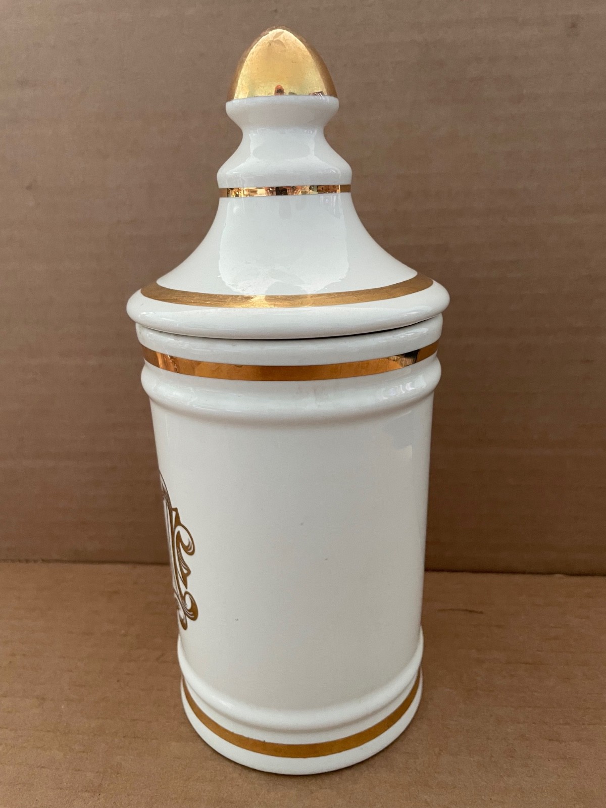 Vintage HIERA PICRA Apothecary Canister Jar w/ Lid OWENS ILLINOIS gold decorated