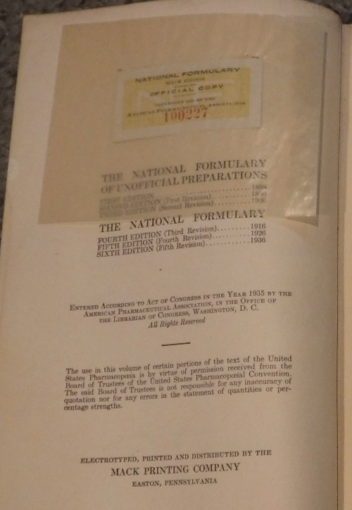 1936 THE NATIONAL FORMULARY 6th EDITION AMERICAN PHARMACY MEDICINE