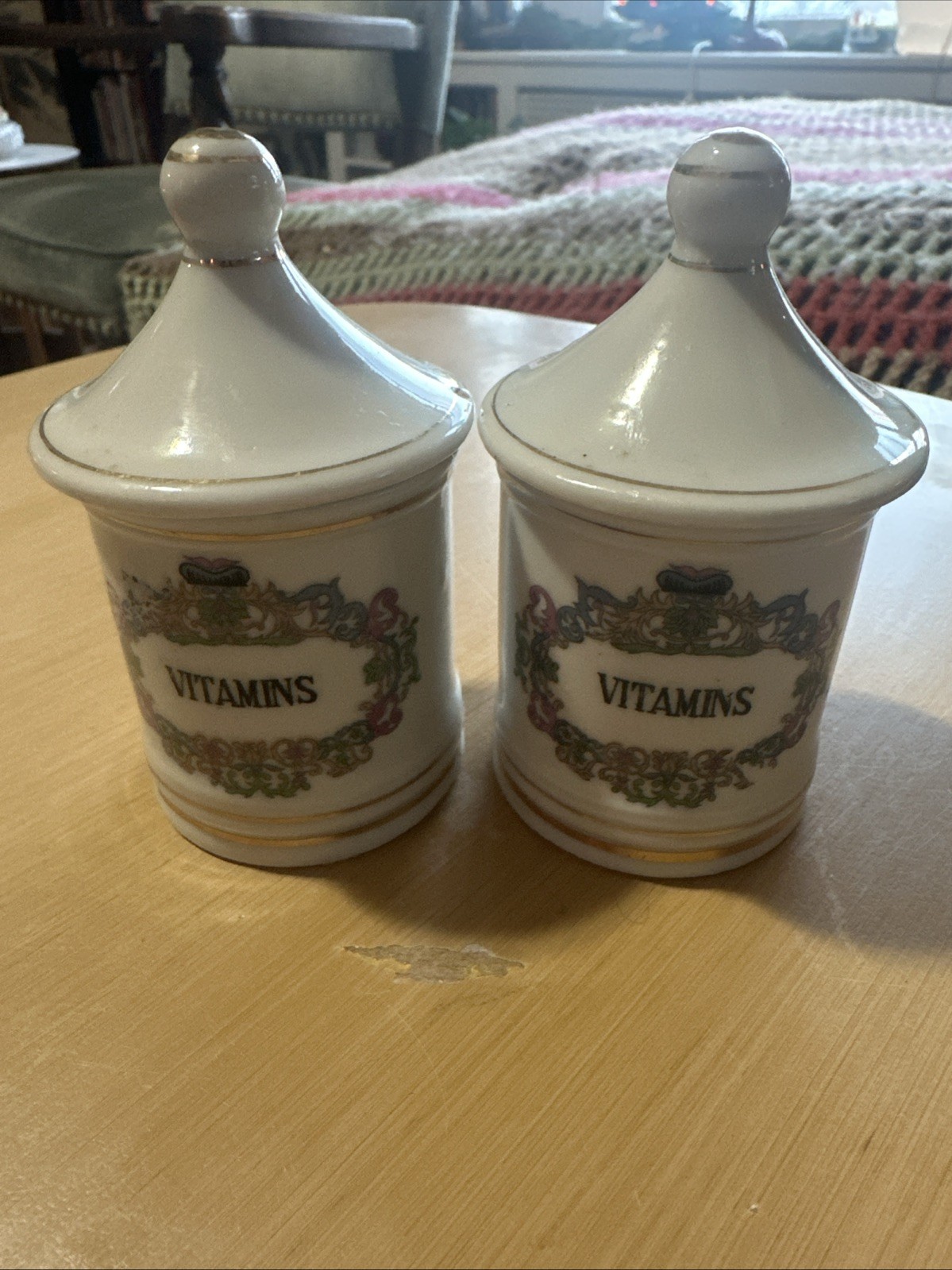 2 Vintage Porcelain APOTHECARY JARS with Lids “VITAMIN” 3.75″ x 2.25″