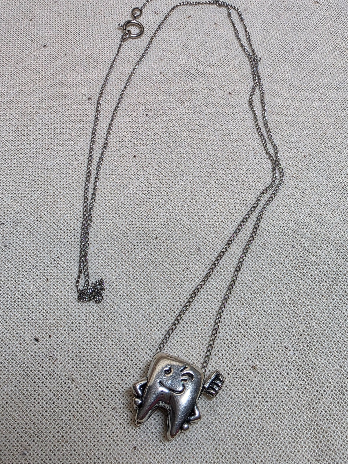 Sterling Silver Unmarked Whimsical “Winking Face” Tooth Design Pendant on Chain