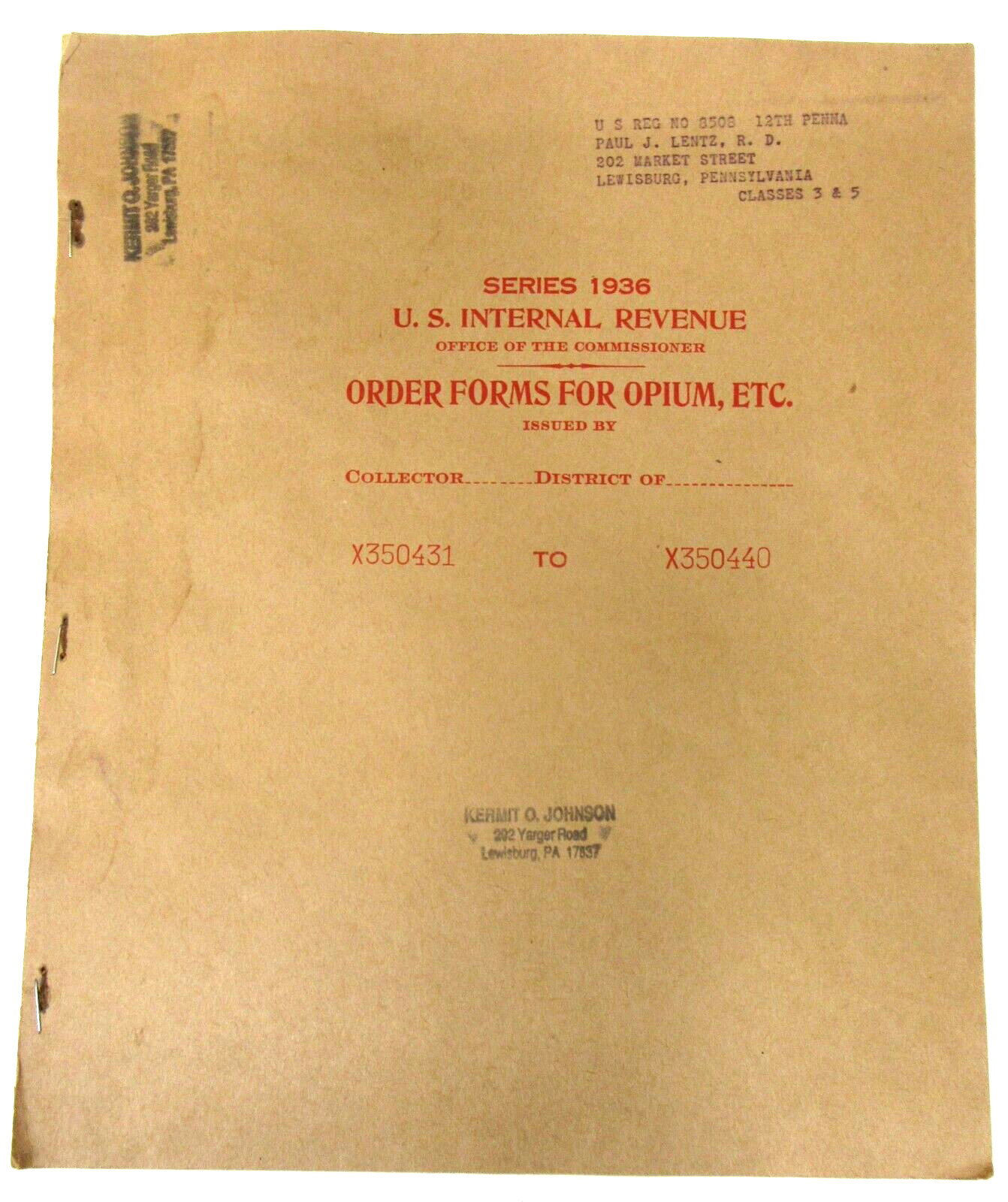 Series 1936 U.S. Internal Revenue OPIUM ORDER FORMS book from 1949 wb