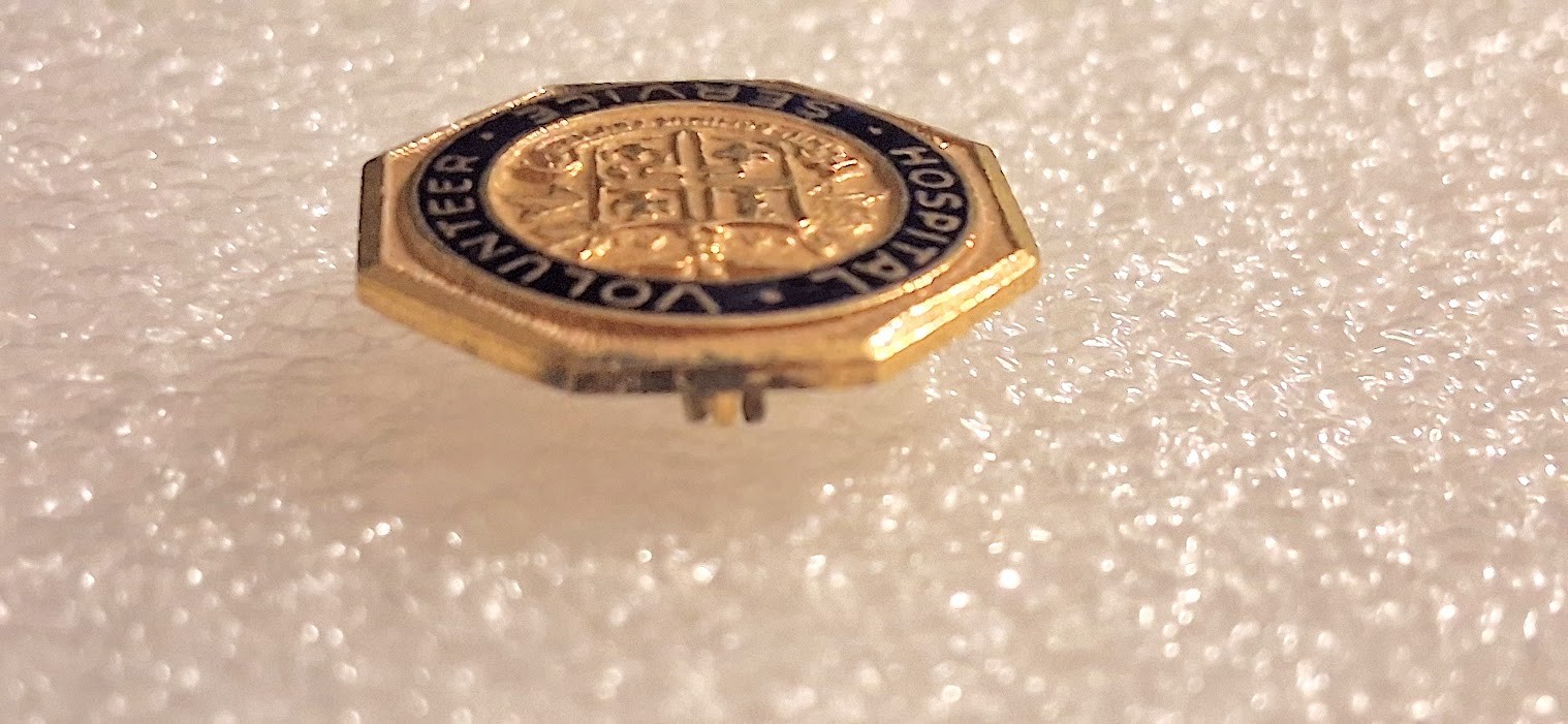 Vintage Hospital Volunteer Service Lapel Pin Gold Tone Blue Enamel