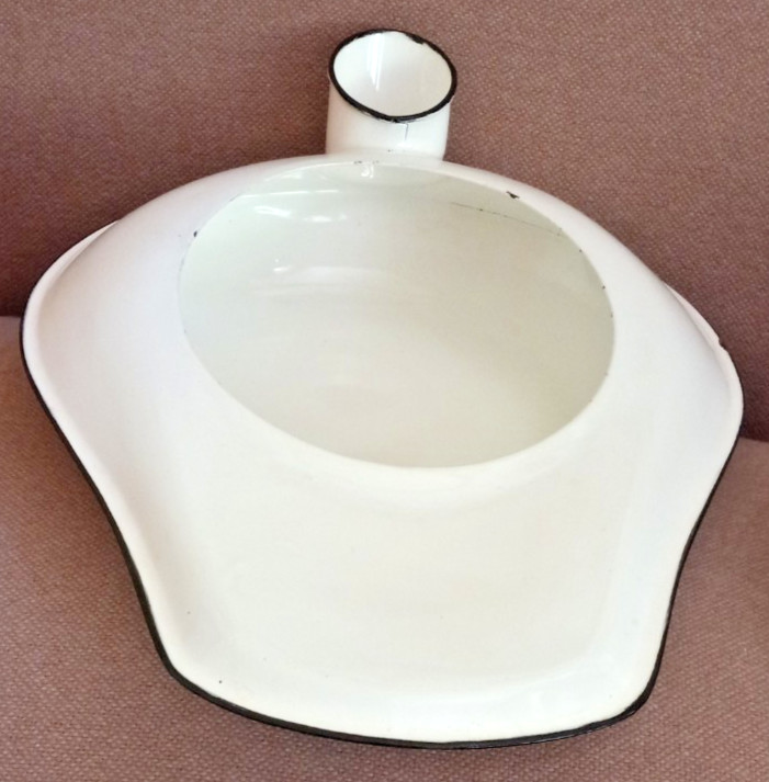 Vintage Unbranded White with Black Trim Enamelware Metal Bedpan/Urinal with Lid