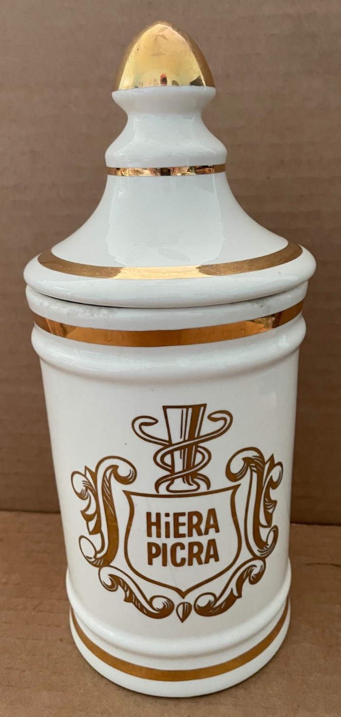 Vintage HIERA PICRA Apothecary Canister Jar w/ Lid OWENS ILLINOIS gold decorated