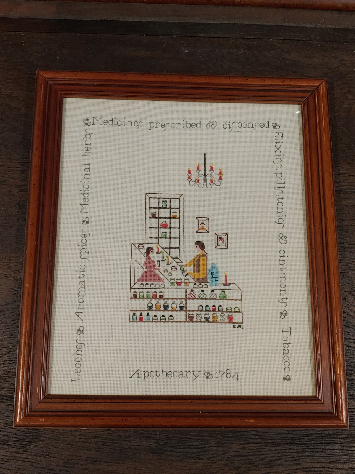 Vintage Apothecary Pharmacy Needlepoint Picture Local Medical Pharmacist 1984