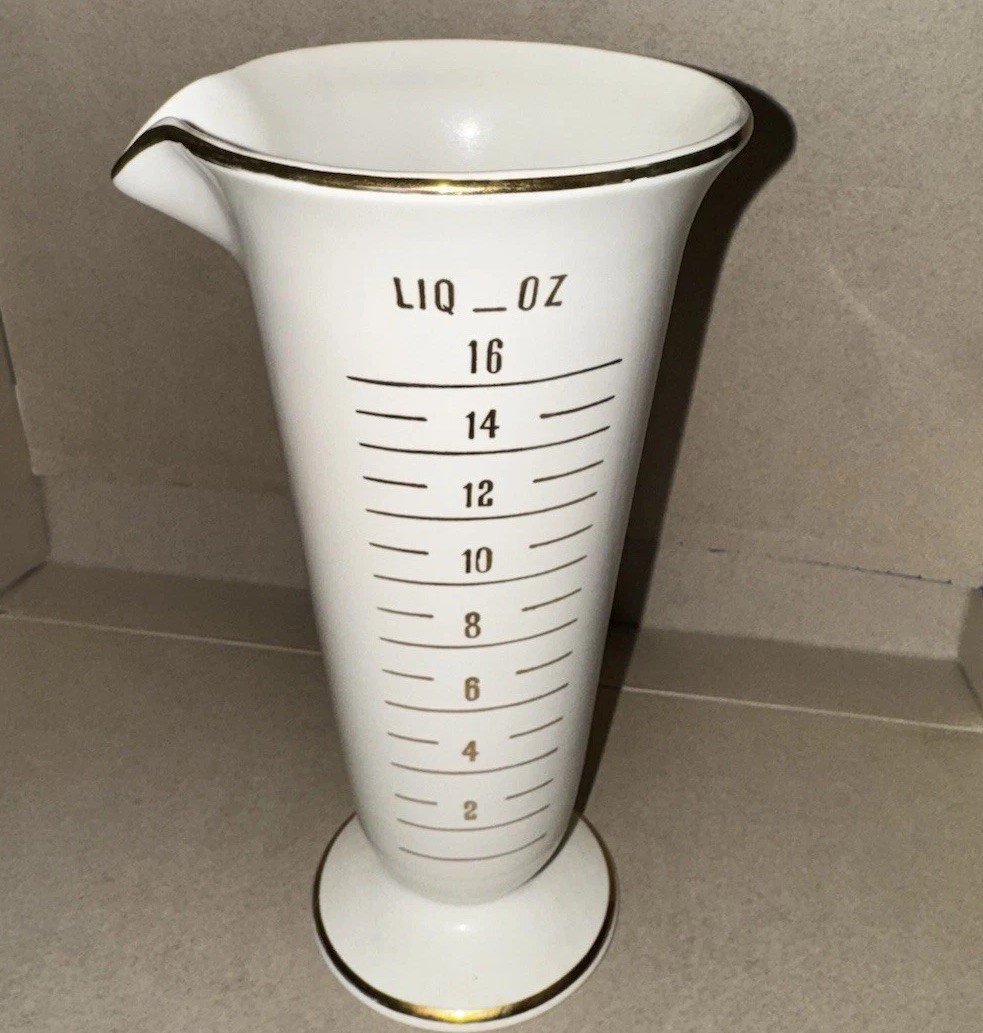 Vintage Owens Illinois Pharmacy Porcelain Measuring Cup Gold Trim 9″ Tall Beaker
