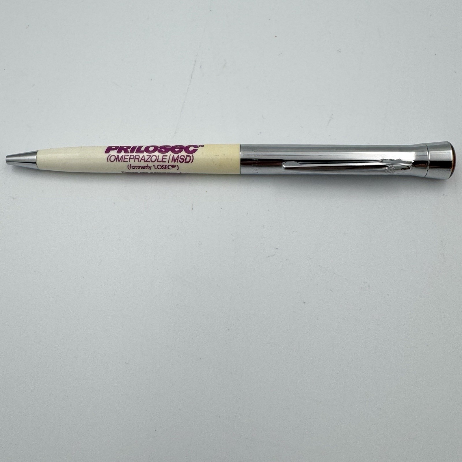 Silver Tone Prilosec Pharmaceutical Metal Pen Bubble Top Garland USA Vintage
