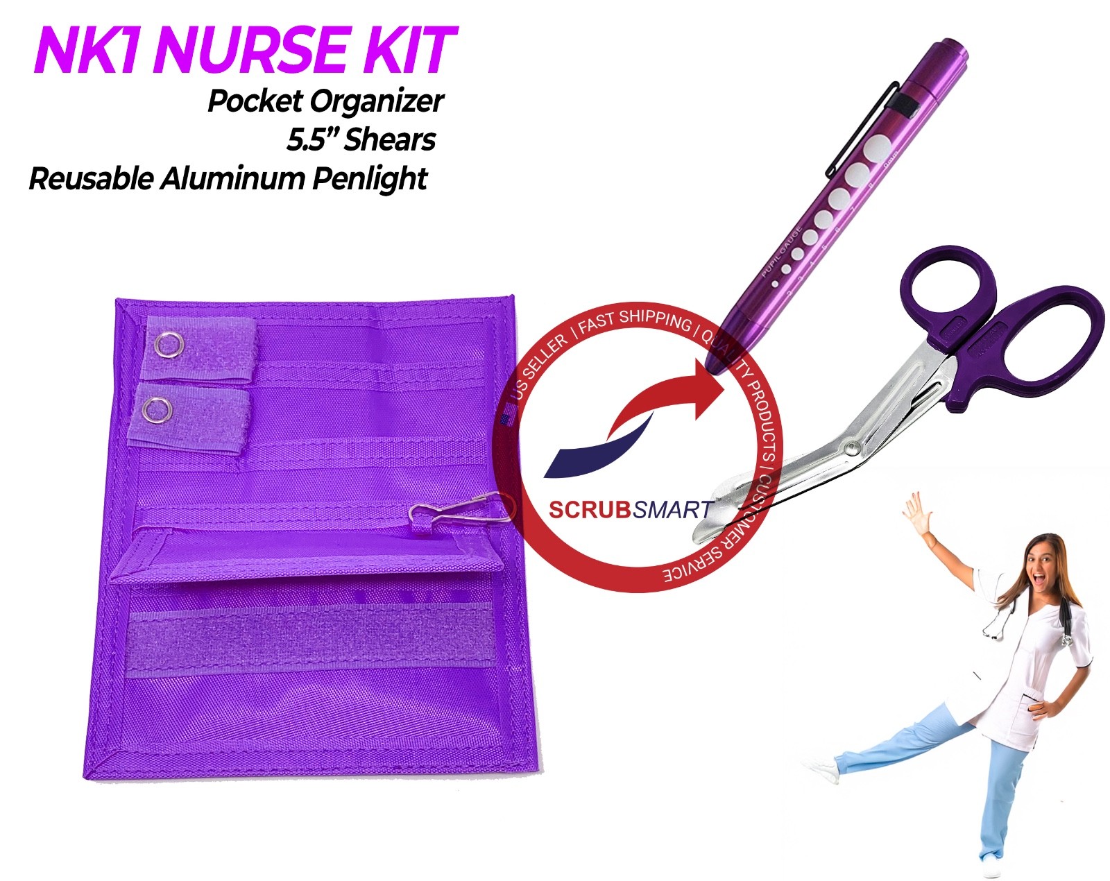 NK1 Nurse 3 Pc Kit Pocket Organizer with Medical Penlight & 5.5″ Shears – Purple