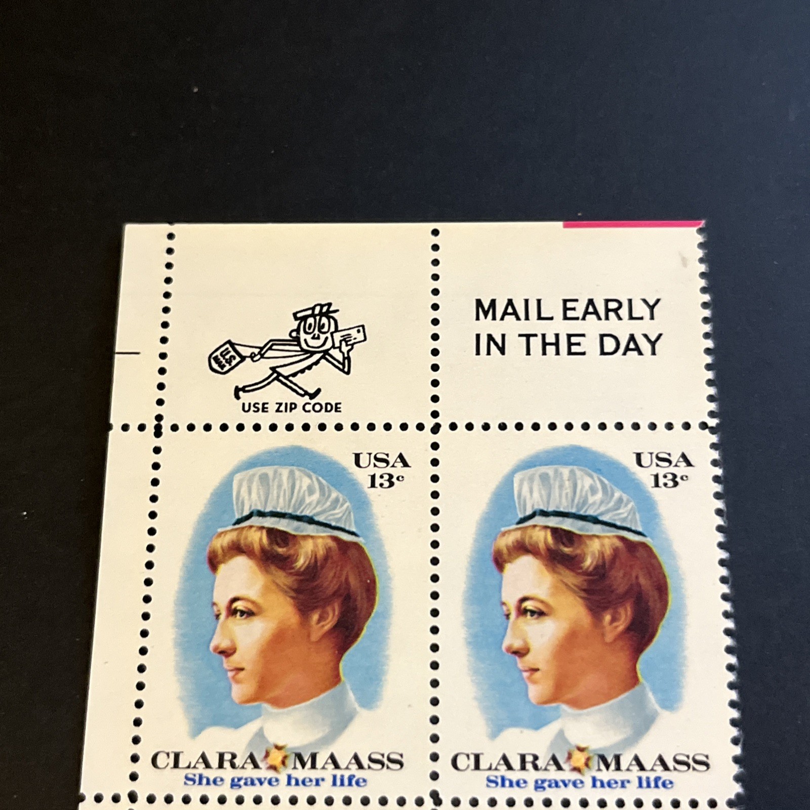 Nurse Clara Maass Mint 48 Year Old Mint Vintage Stamp Block from 1976