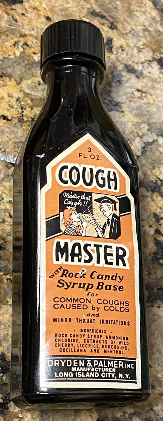 1930s 40s Cough Master 3 ounce bottle NOS 5.5”