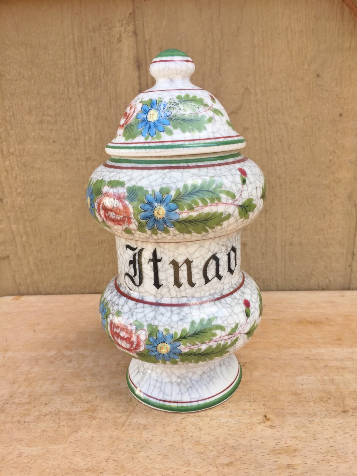 Vintage Pharmacy Apothecary Jar Itnao Agar Crackle Glaze Japan 9″ Hand Painted