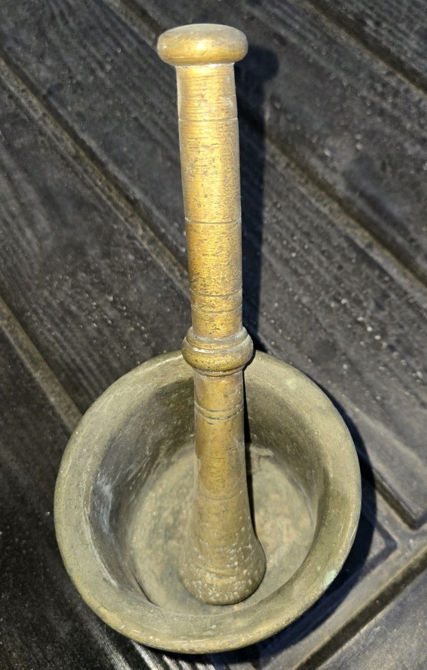 ANTIQUE 19TH C APOTHECARY BRASS BRONZE PESTLE & MORTAR CHEMIST HERBS KITCHENALIA