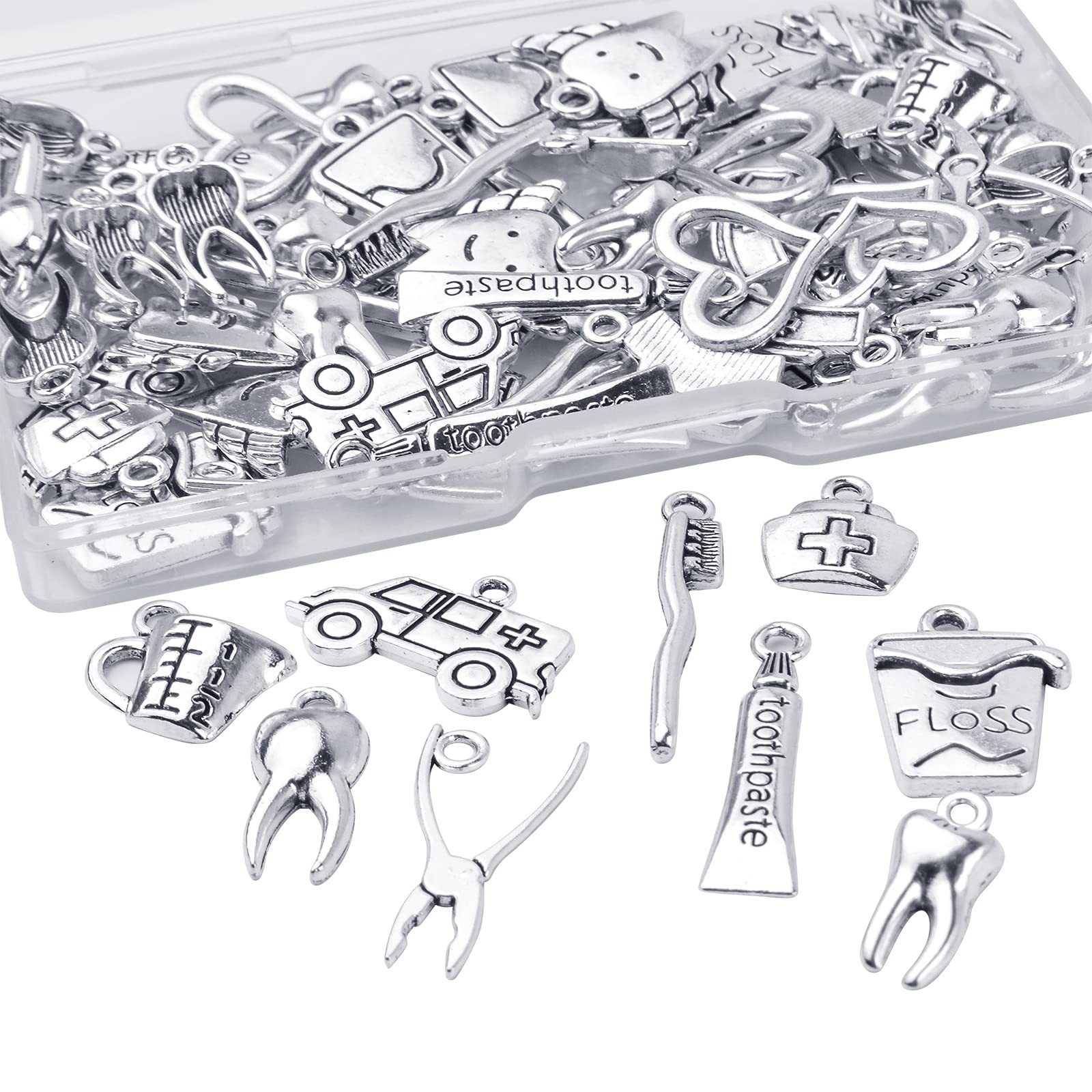 72pcs Antique Silver Healthy Tooth Teeth Charms Dentist Dental