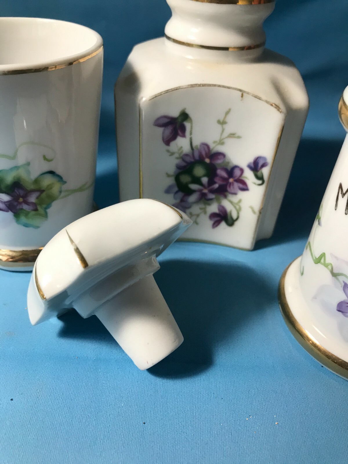 Unusual Vintage 5pc Porcelain Vanity Dresser Set – Purple Violets on White China