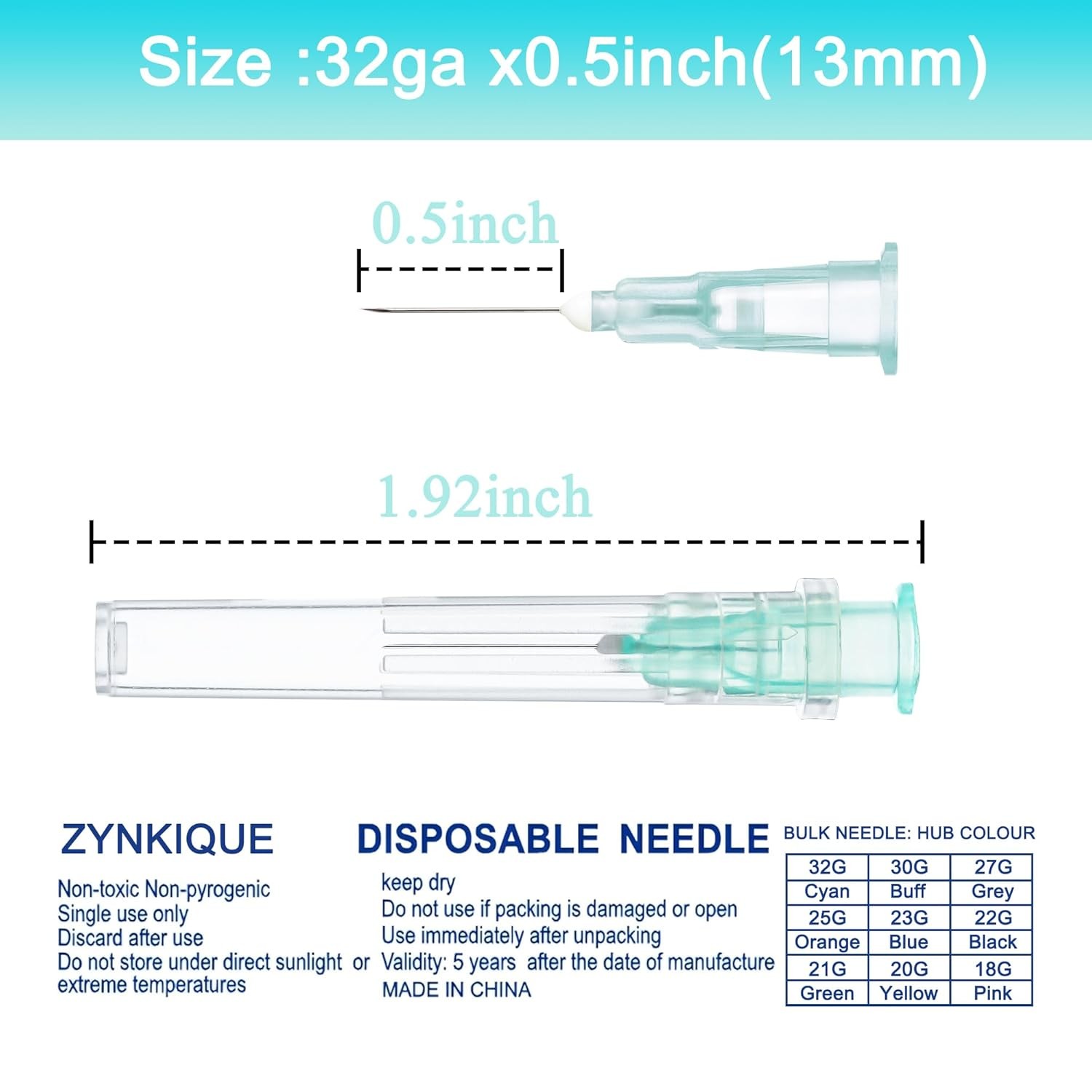 32 Gauge 1/2 inch Disposable Needles, Luer Lock 32G 0.5 Inch (13MM)