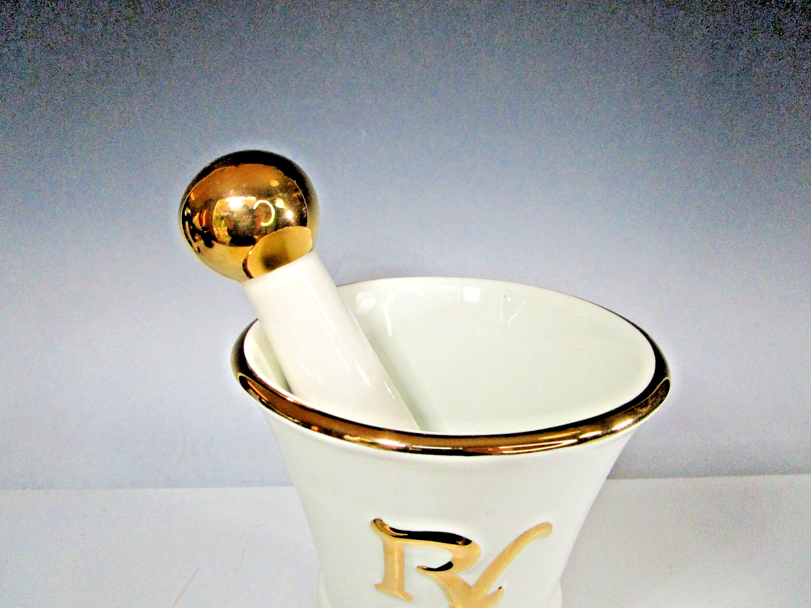 Owens Illinois RX Porcelain Mortar & Pestle White Gilt 7″ Pharmacy