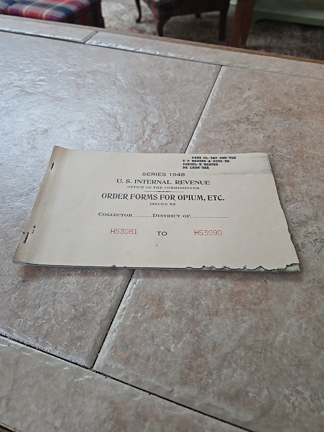 US INTERNAL REVENUE 1948 OPIUM ETC FORMS BOOKLET COMPLETE +1 EXC. COND. TEXAS