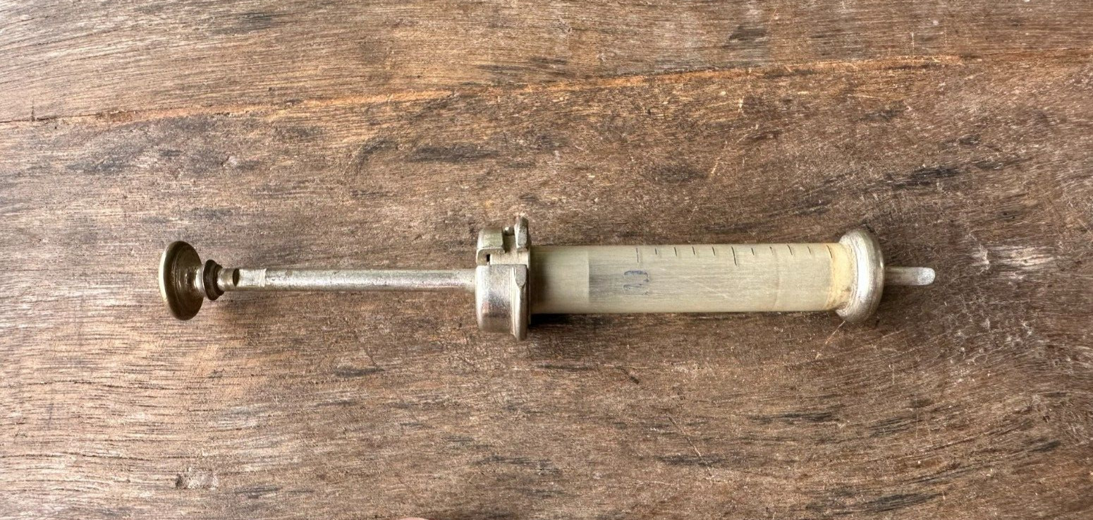 Vintage Old Collectible Rare Brass And Glass Unique Syringe With Box Italy Made