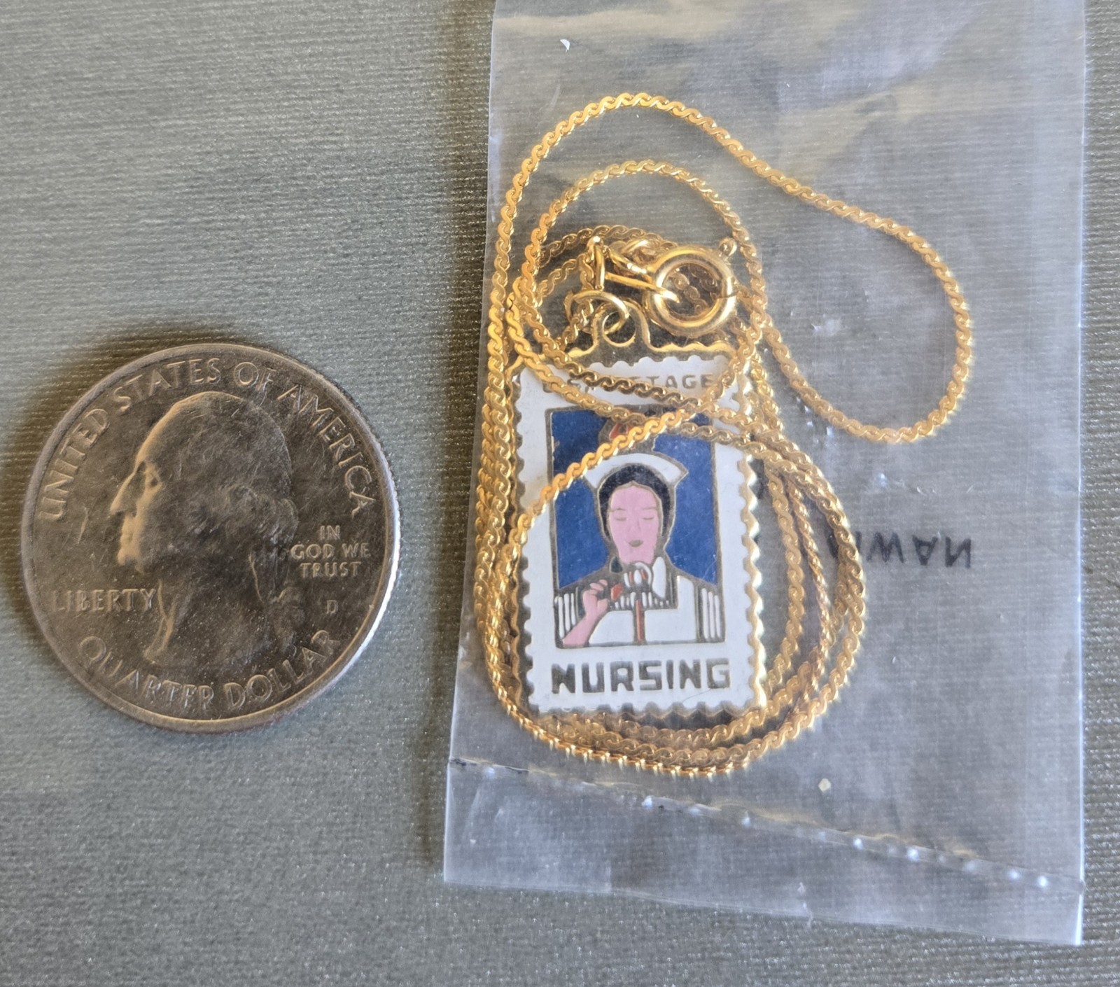 Vintage U.S. 4 cent Postage Stamp Nurse/Nursing Necklace First Issue 12-28-1961