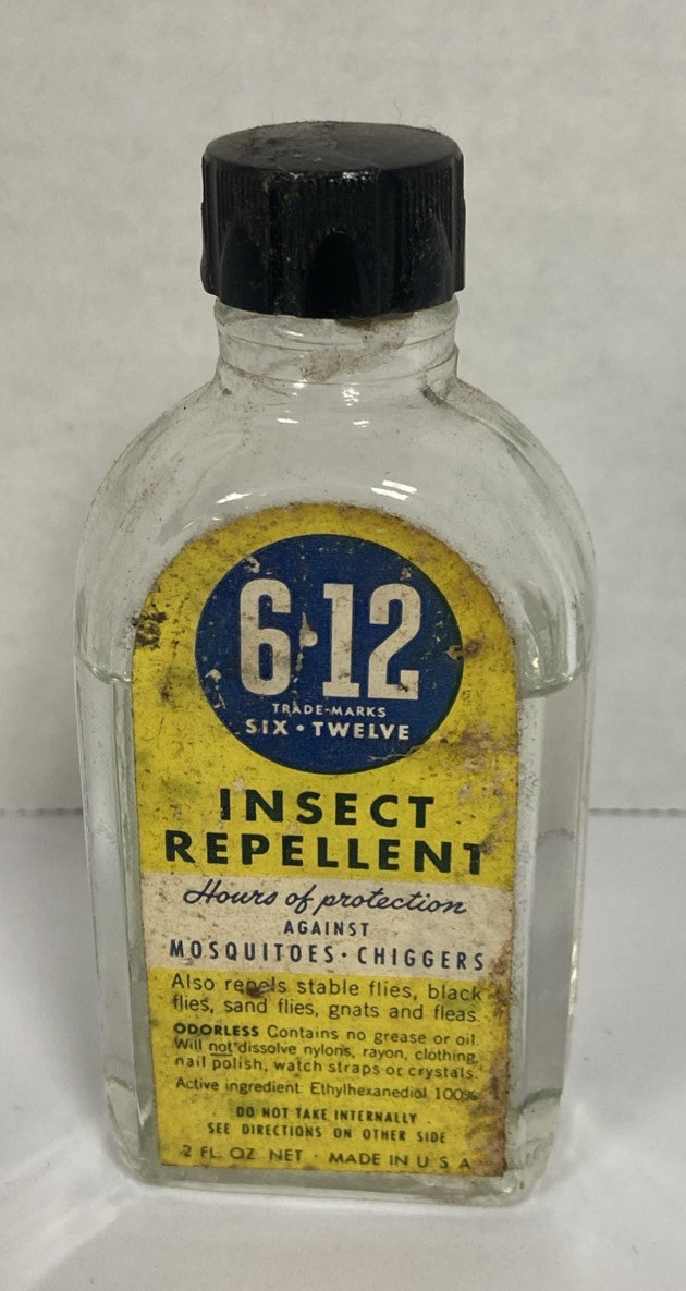 6-12 Vintage 3/4 Full 2 Oz Bottle Insect Repellant Old Carbide And Carbon Co.