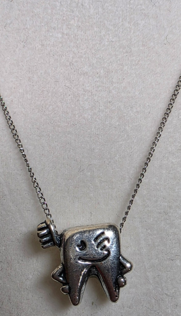 Sterling Silver Unmarked Whimsical “Winking Face” Tooth Design Pendant on Chain