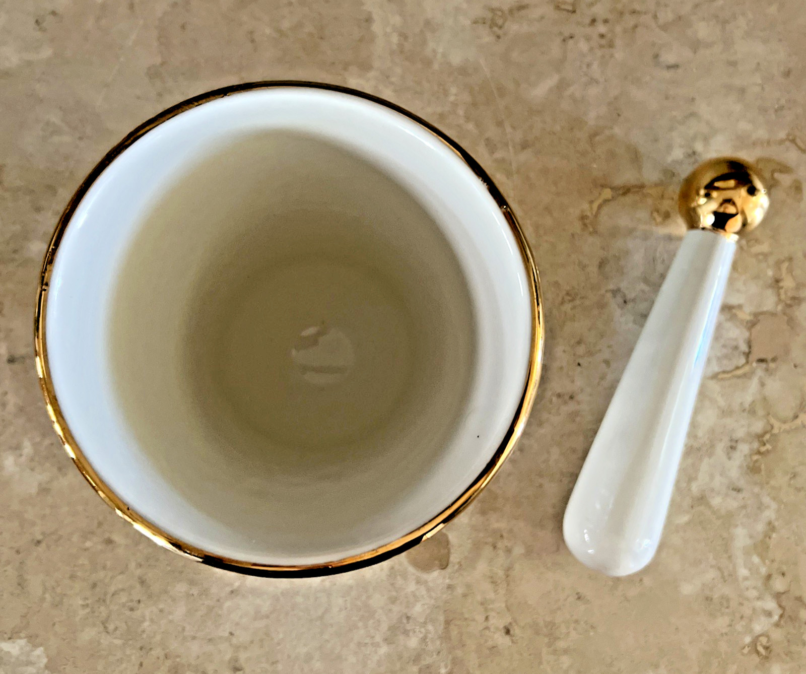 VTG. RX OWENS ILLINOIS PHARMACY MORTAR & PESTLE / GOLD GILDING APOTHECARY PIECE