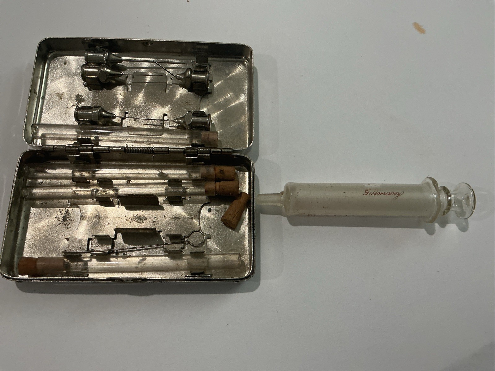 Vintage Antique “Germany” Glass Syringe Kit w/Nickel Silver Metal Case