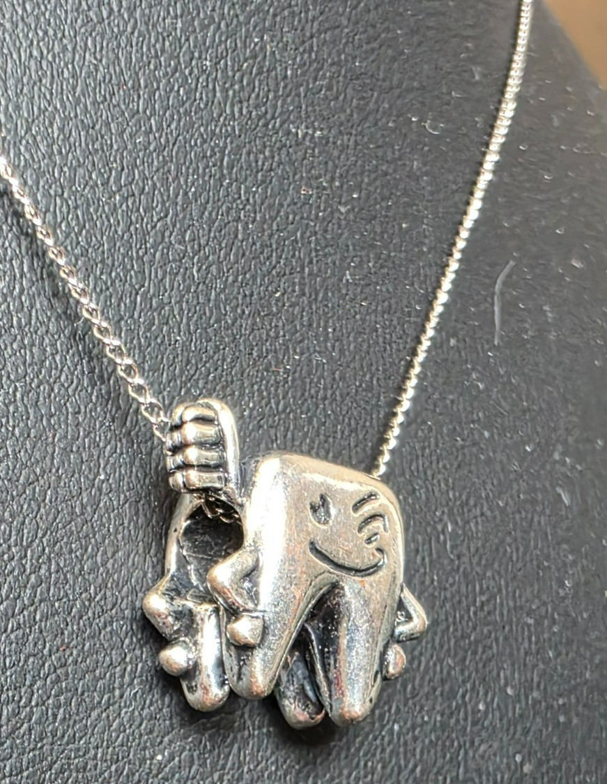 Sterling Silver Unmarked Whimsical “Winking Face” Tooth Design Pendant on Chain