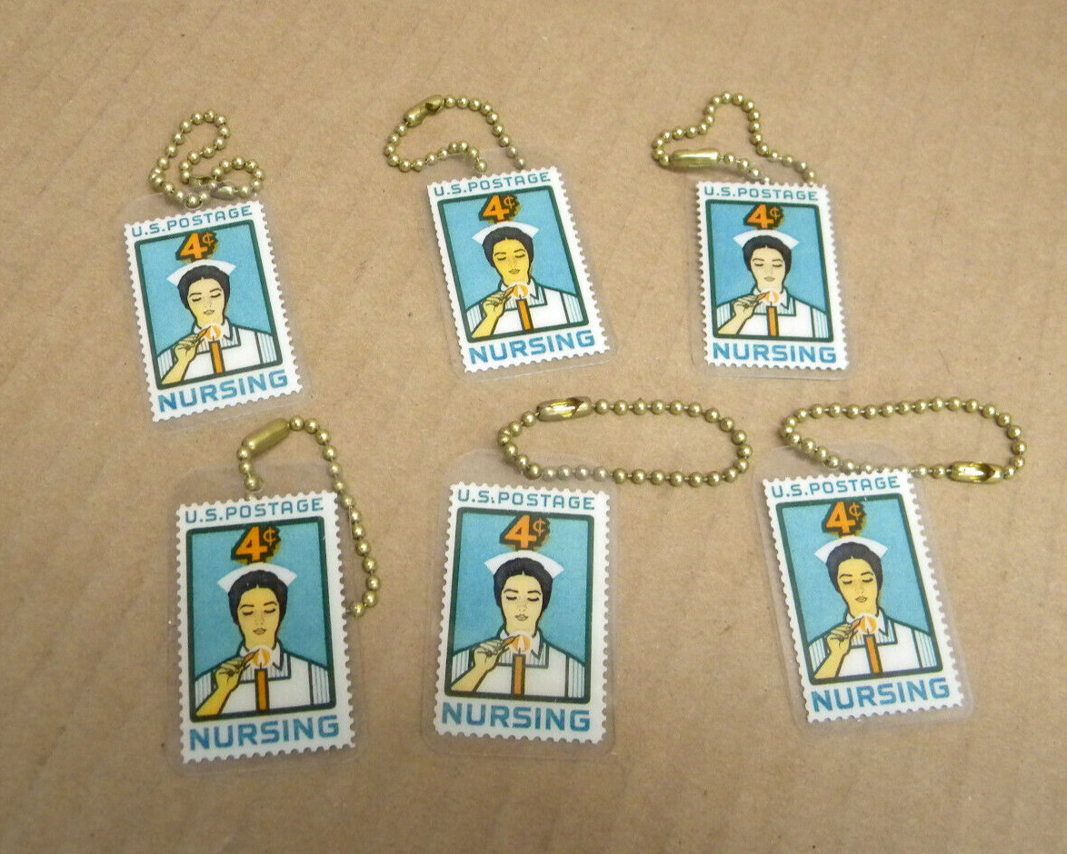 6 Vintage Laminated 1961 U.S. 4 cent Postage Stamp Nurse Keychain Nursing