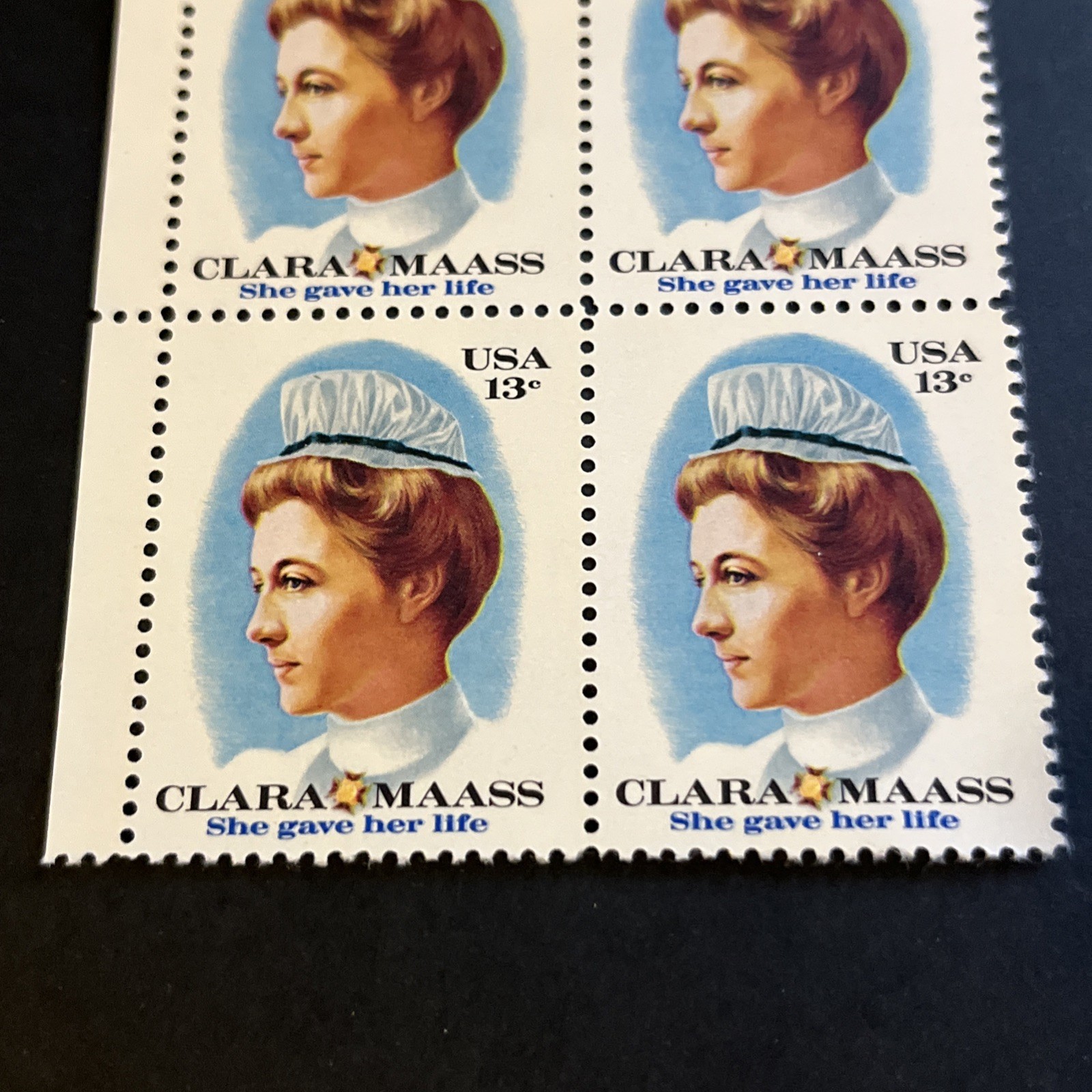 Nurse Clara Maass Mint 48 Year Old Mint Vintage Stamp Block from 1976