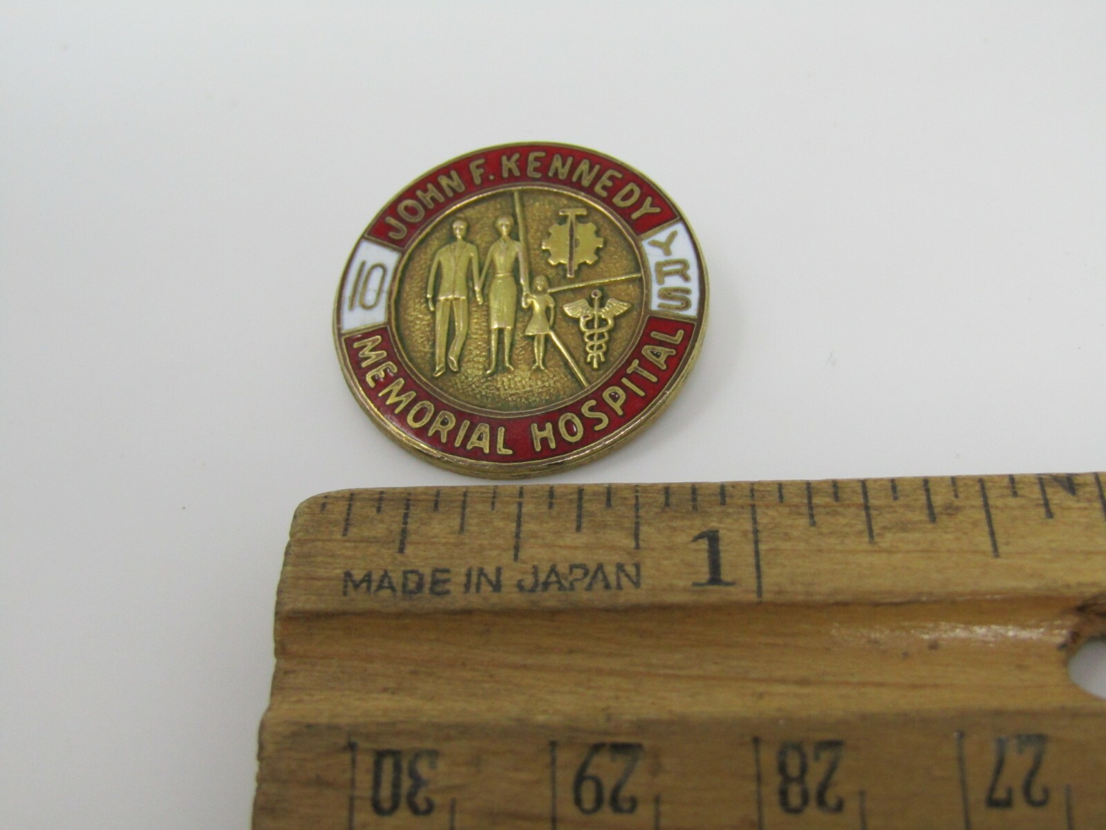 Vintage JFK Memorial Hospital 10 Year Service Award Pin Enamel Medical Caduceus