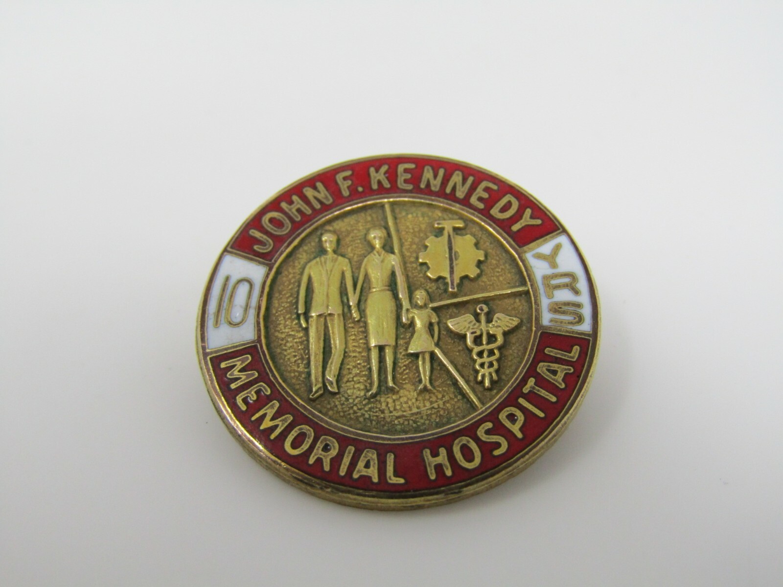 Vintage JFK Memorial Hospital 10 Year Service Award Pin Enamel Medical Caduceus