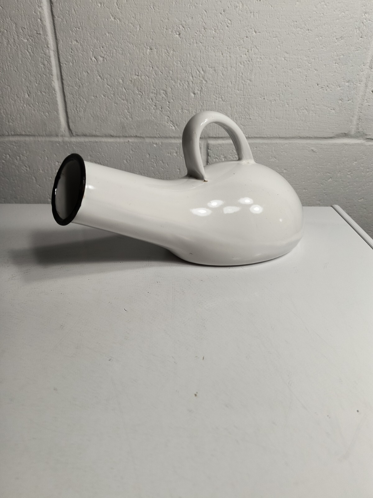 Vintage Enamelware Bedpan White Urinal Bed Pan Black Trim Patina Primitive
