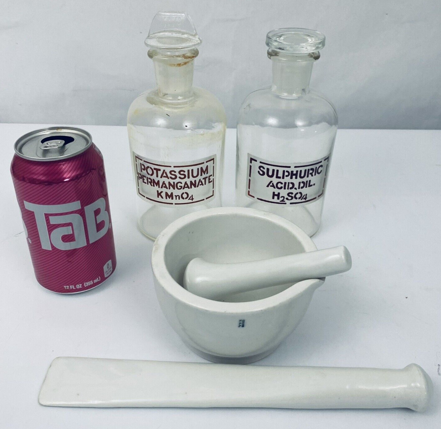Vintage Apothecary Lot Pyrex Acid Coors Mortar Pestle Porcelain Science Lab