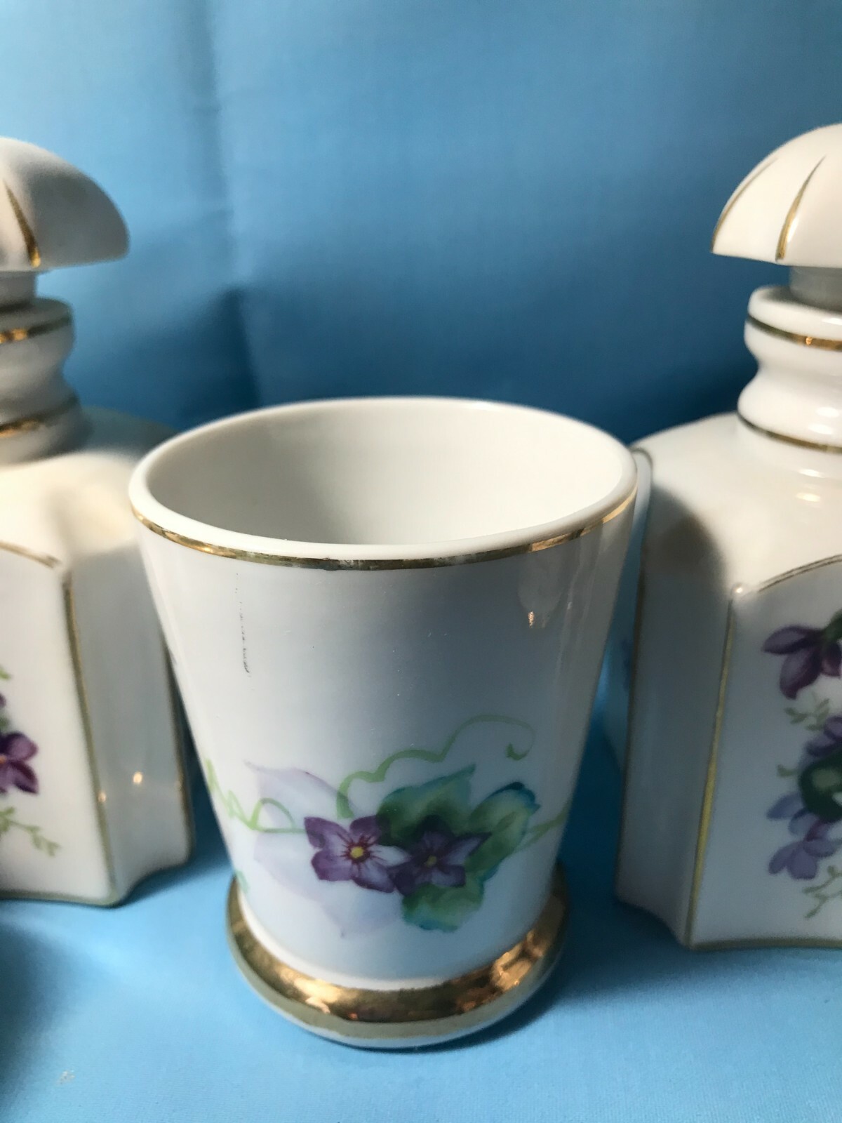 Unusual Vintage 5pc Porcelain Vanity Dresser Set – Purple Violets on White China