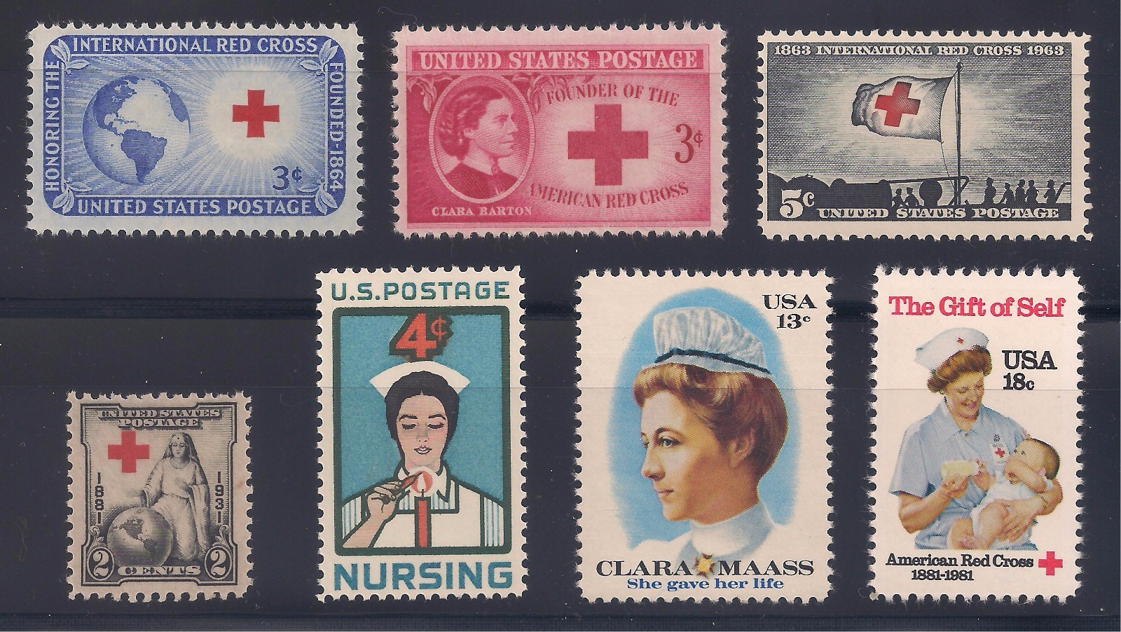 1931-1981 RED CROSS & NURSING – SET OF 7 DIFFERENT U.S. STAMPS – MINT CONDITION