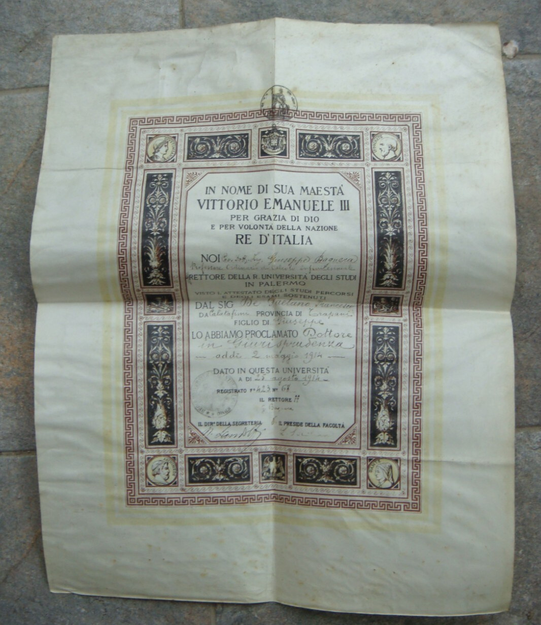 ITALY 1914 Doctor Palermo University Degree for Gaitano Francesco from Grapani