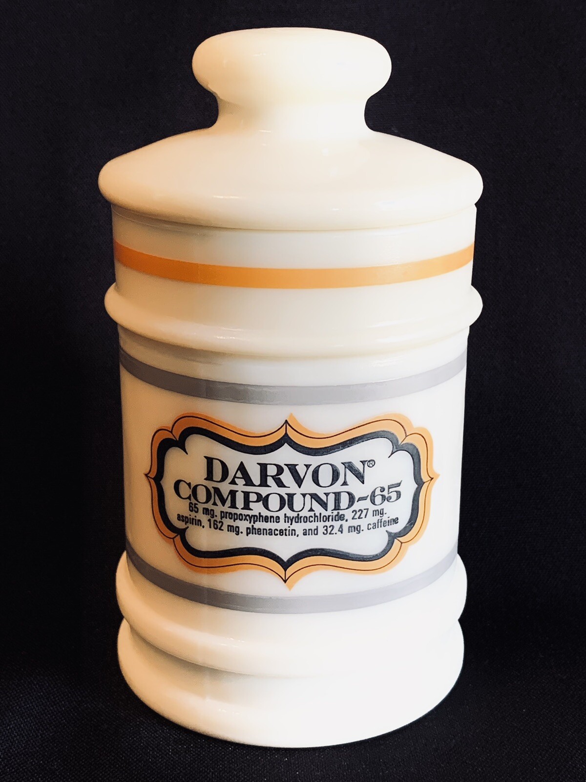 Vintage DARVON COMPOUND 65 Apothecary Custard Milk Glass Jar Canister & Lid 5.5”